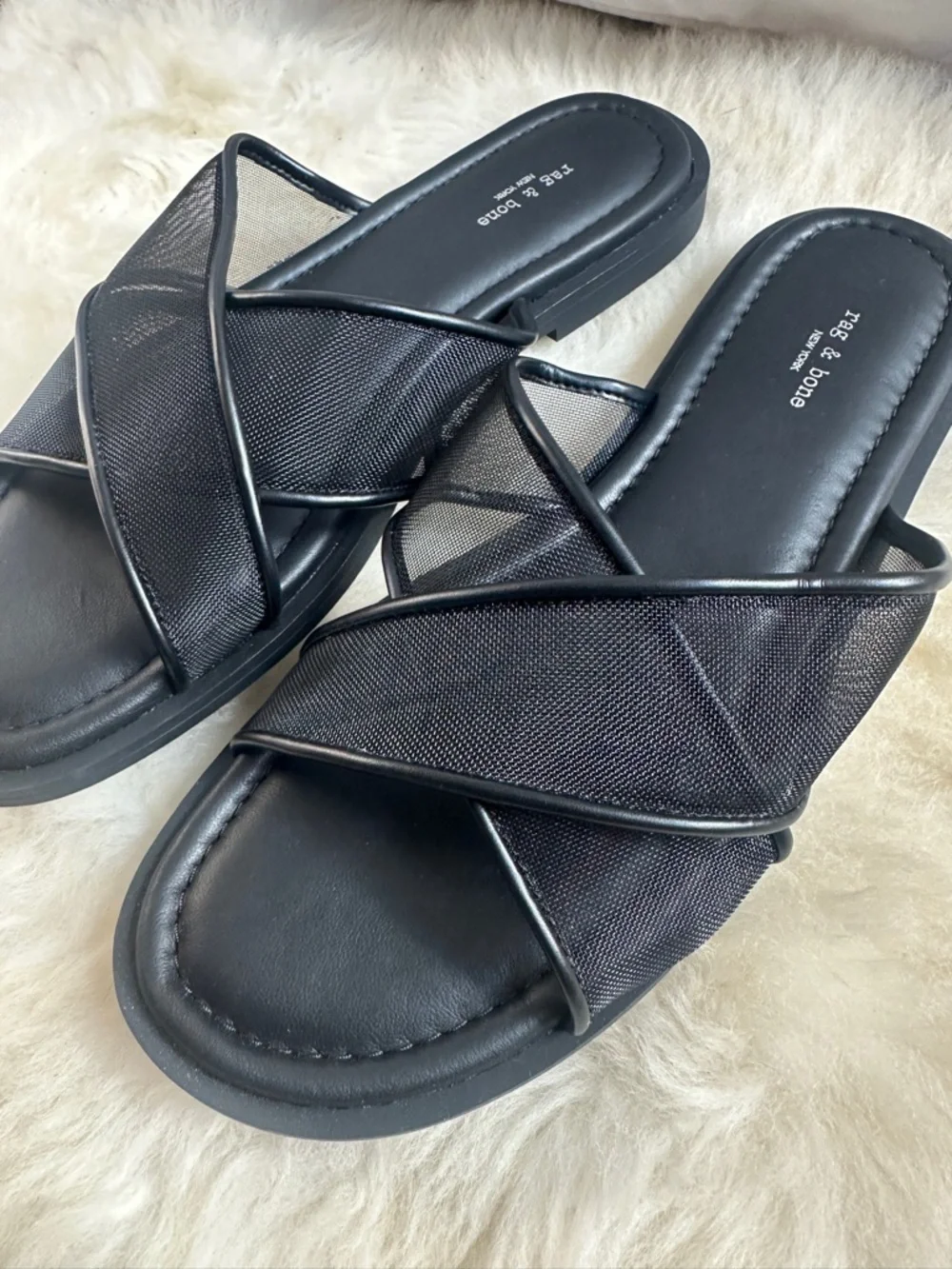 Rag & Bone Geo Mesh Cross Strap Sandals Black Slide Leather Trim Cushioned NEW